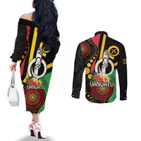 Tamtam Drum Vanuatu Couples Matching Off The Shoulder Long Sleeve Dress and Long Sleeve Button Shirt Boar Tusk Aboriginal Flag Style