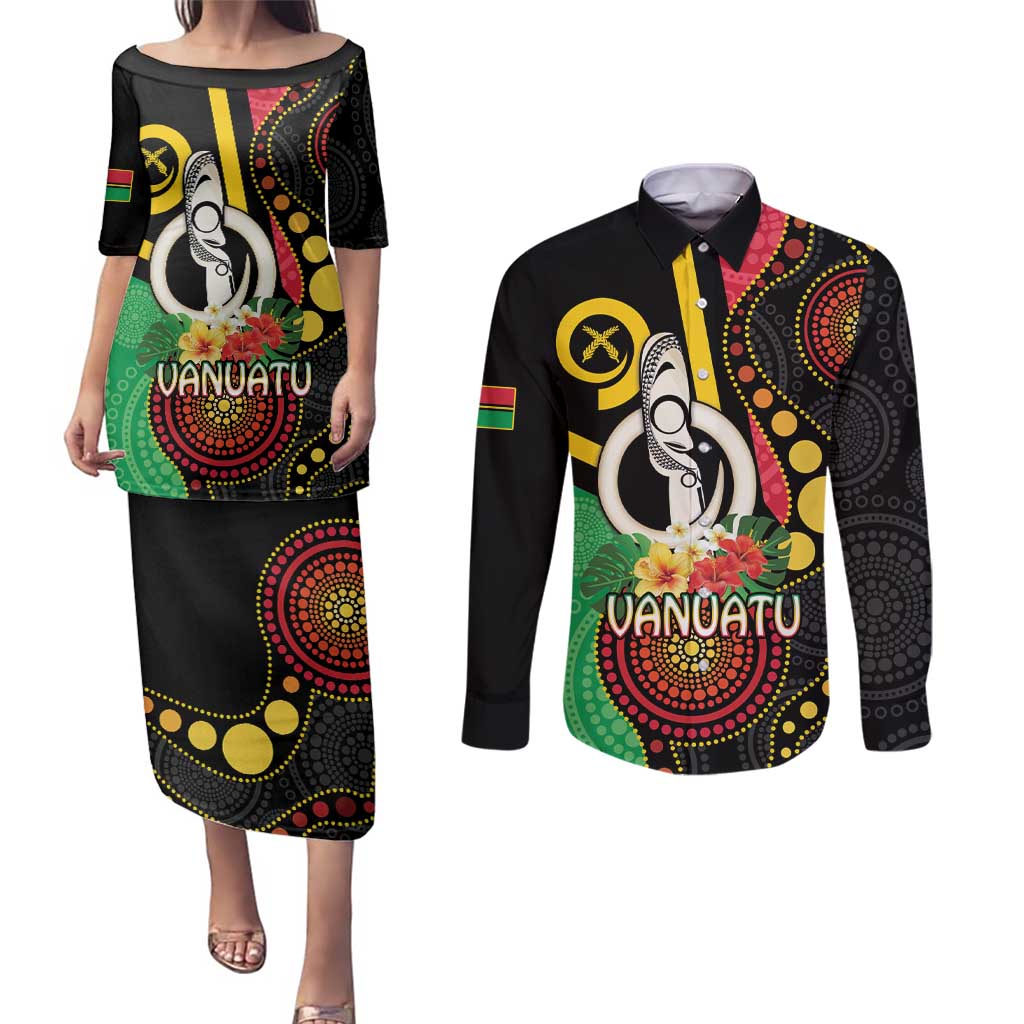 Tamtam Drum Vanuatu Couples Matching Puletasi and Long Sleeve Button Shirt Boar Tusk Aboriginal Flag Style
