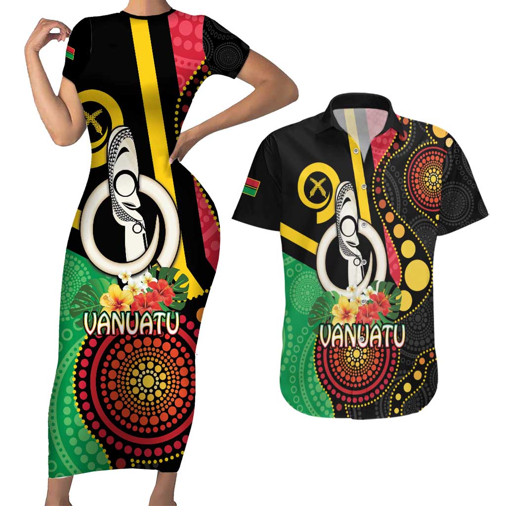 Tamtam Drum Vanuatu Couples Matching Short Sleeve Bodycon Dress and Hawaiian Shirt Boar Tusk Aboriginal Flag Style