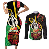 Tamtam Drum Vanuatu Couples Matching Short Sleeve Bodycon Dress and Long Sleeve Button Shirt Boar Tusk Aboriginal Flag Style