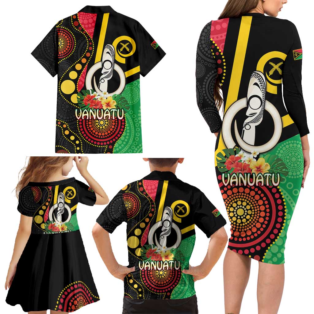Tamtam Drum Vanuatu Family Matching Long Sleeve Bodycon Dress and Hawaiian Shirt Boar Tusk Aboriginal Flag Style