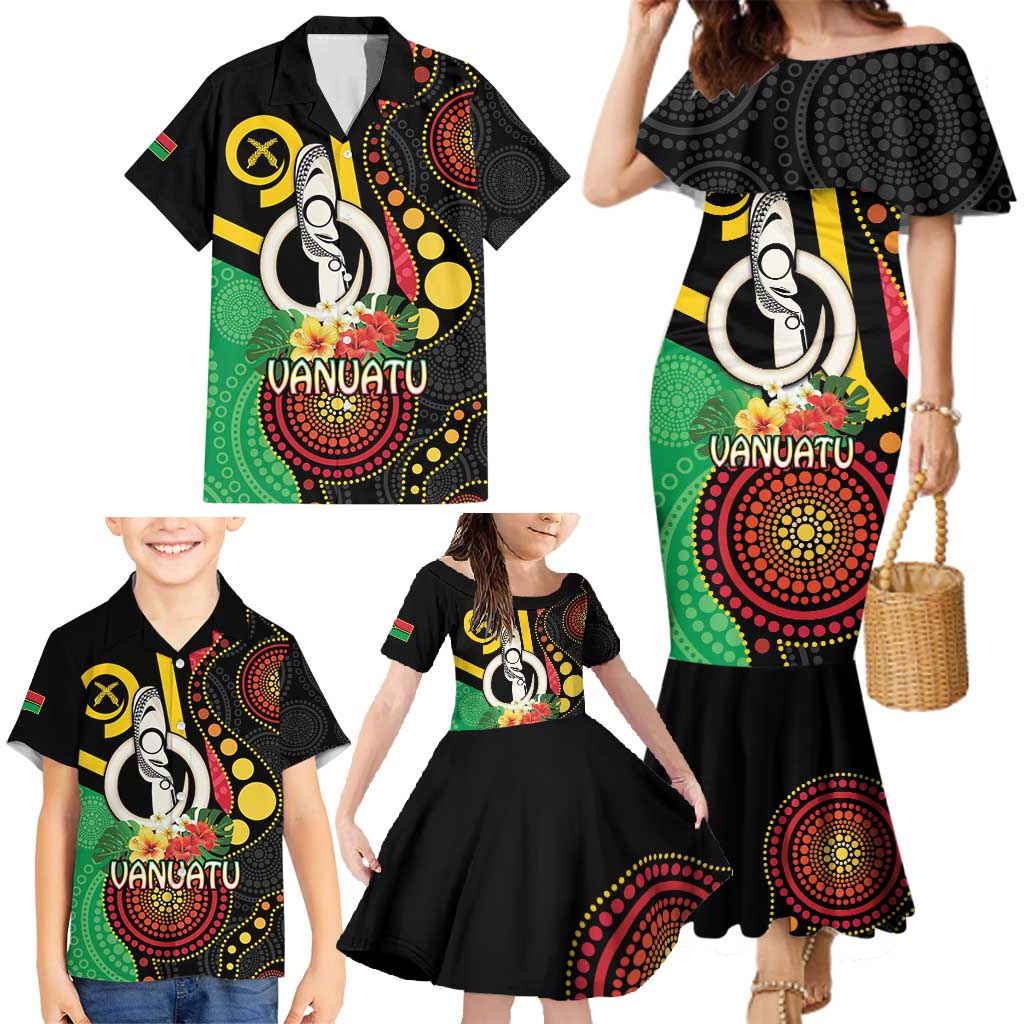 Tamtam Drum Vanuatu Family Matching Mermaid Dress and Hawaiian Shirt Boar Tusk Aboriginal Flag Style