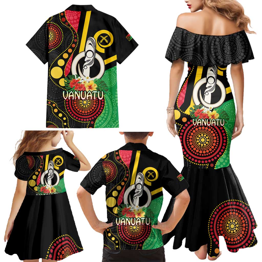 Tamtam Drum Vanuatu Family Matching Mermaid Dress and Hawaiian Shirt Boar Tusk Aboriginal Flag Style