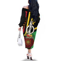 Tamtam Drum Vanuatu Family Matching Off The Shoulder Long Sleeve Dress and Hawaiian Shirt Boar Tusk Aboriginal Flag Style