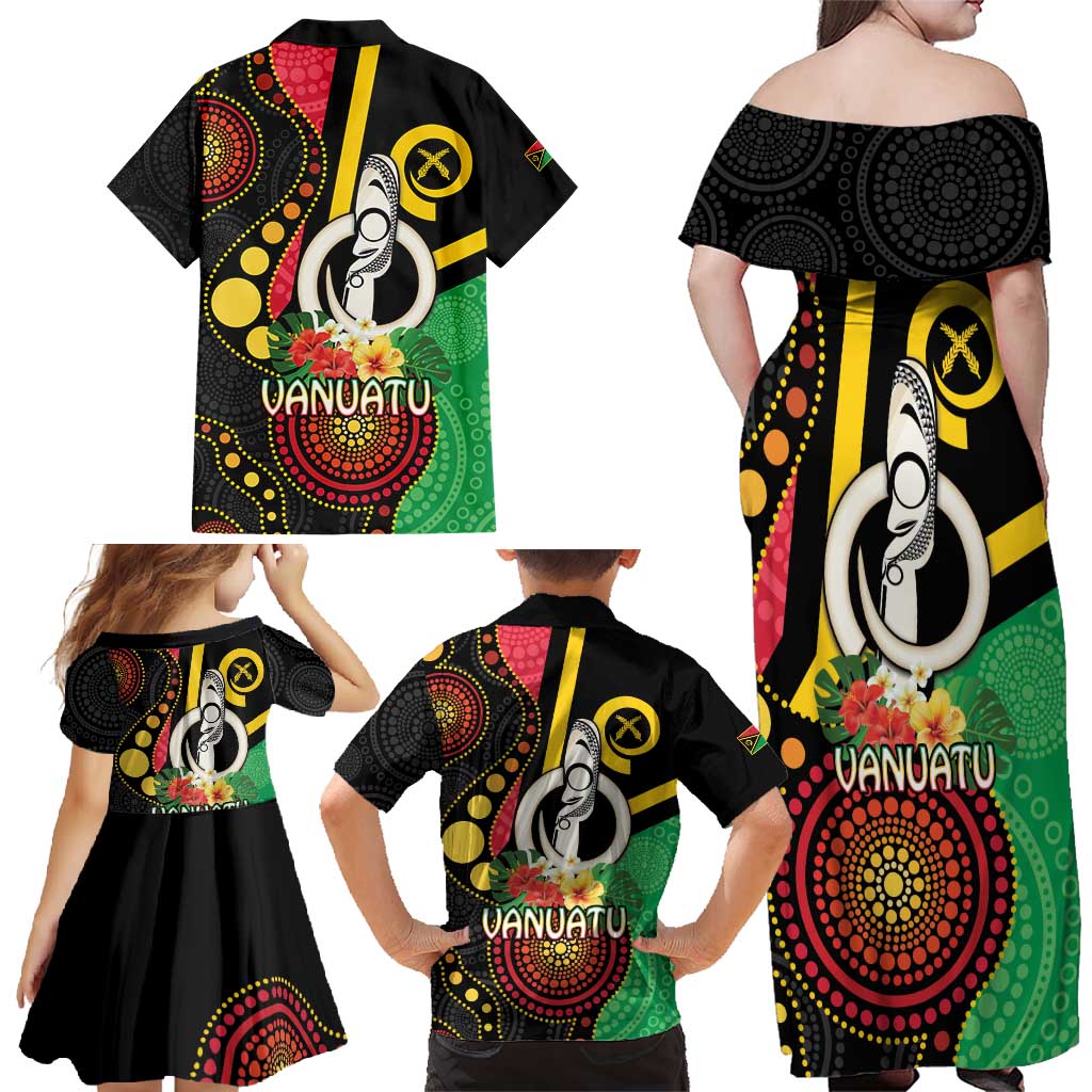 Tamtam Drum Vanuatu Family Matching Off Shoulder Maxi Dress and Hawaiian Shirt Boar Tusk Aboriginal Flag Style