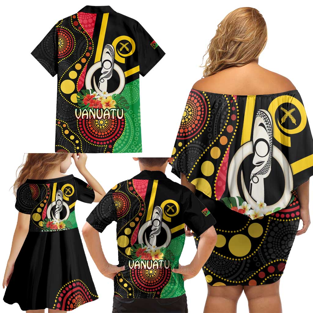Tamtam Drum Vanuatu Family Matching Off Shoulder Short Dress and Hawaiian Shirt Boar Tusk Aboriginal Flag Style