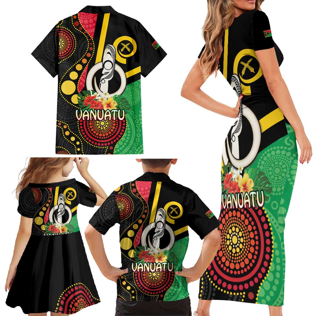 Tamtam Drum Vanuatu Family Matching Short Sleeve Bodycon Dress and Hawaiian Shirt Boar Tusk Aboriginal Flag Style