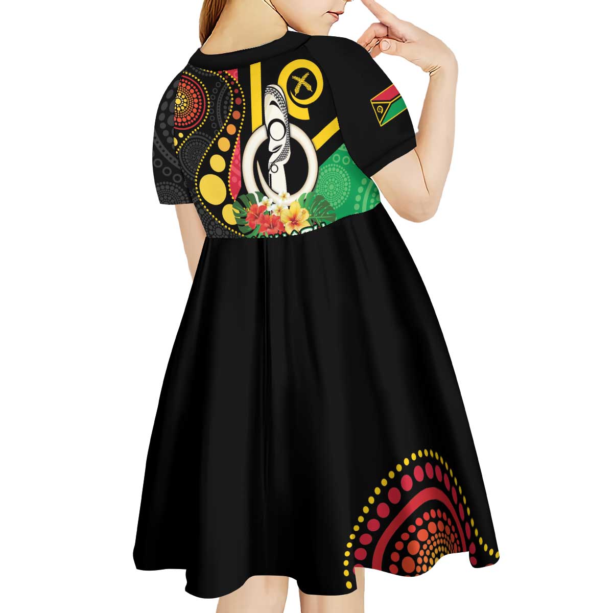 Tamtam Drum Vanuatu Kid Short Sleeve Dress Boar Tusk Aboriginal Flag Style