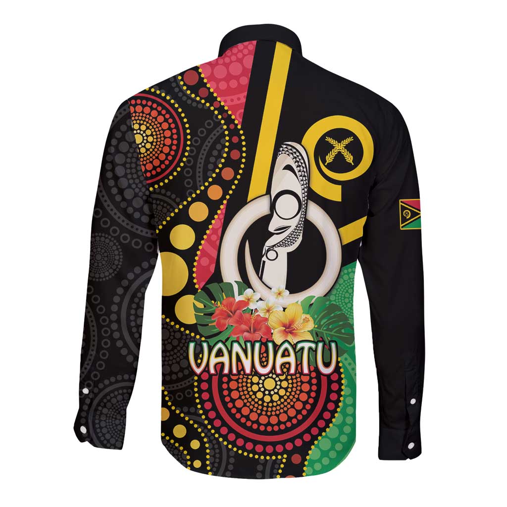 Tamtam Drum Vanuatu Long Sleeve Button Shirt Boar Tusk Aboriginal Flag Style