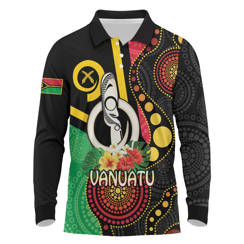 Tamtam Drum Vanuatu Long Sleeve Polo Shirt Boar Tusk Aboriginal Flag Style