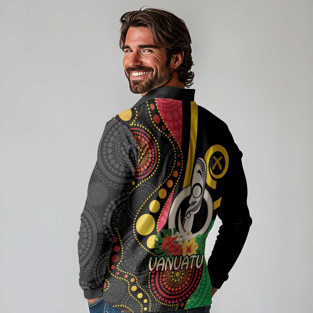 Tamtam Drum Vanuatu Long Sleeve Polo Shirt Boar Tusk Aboriginal Flag Style
