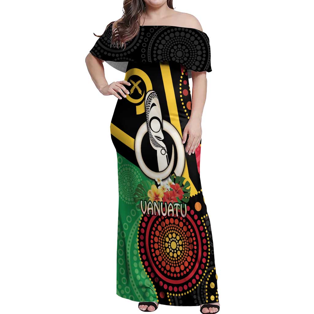 Tamtam Drum Vanuatu Off Shoulder Maxi Dress Boar Tusk Aboriginal Flag Style