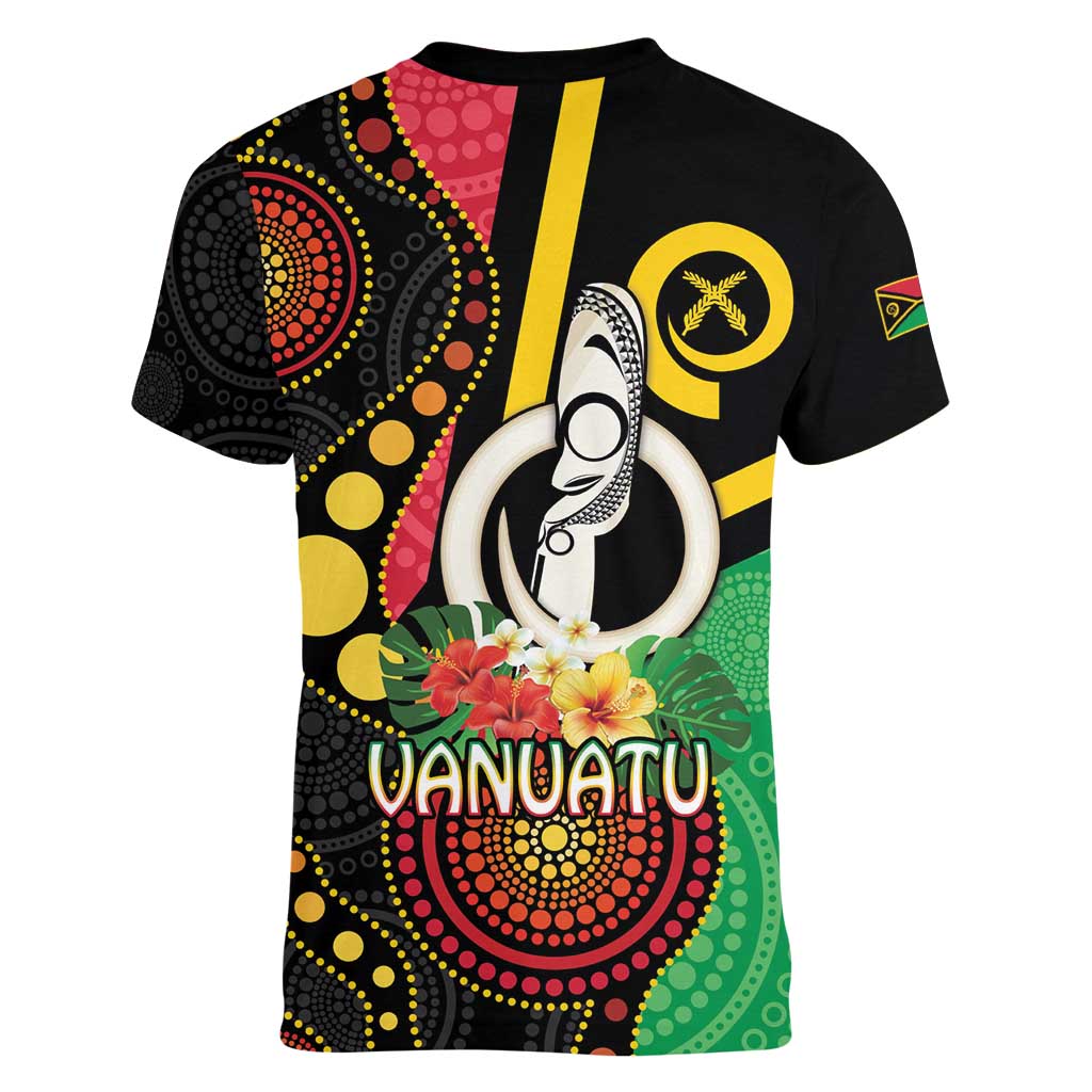 Tamtam Drum Vanuatu Women V-Neck T-Shirt Boar Tusk Aboriginal Flag Style