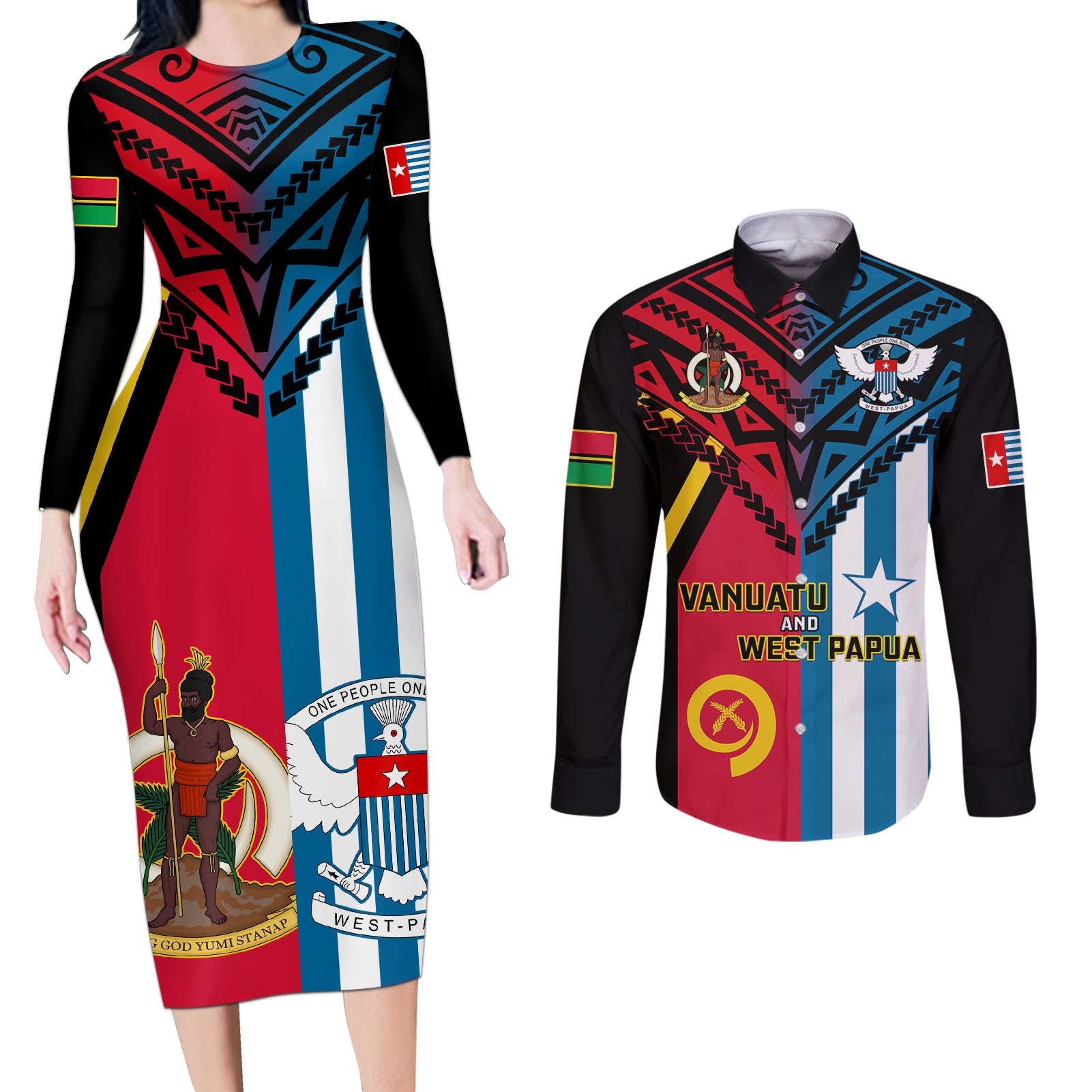 Vanuatu And West Papua Couples Matching Long Sleeve Bodycon Dress and Long Sleeve Button Shirts Coat Of Arms Mix Flag Style LT14 Black - Polynesian Pride