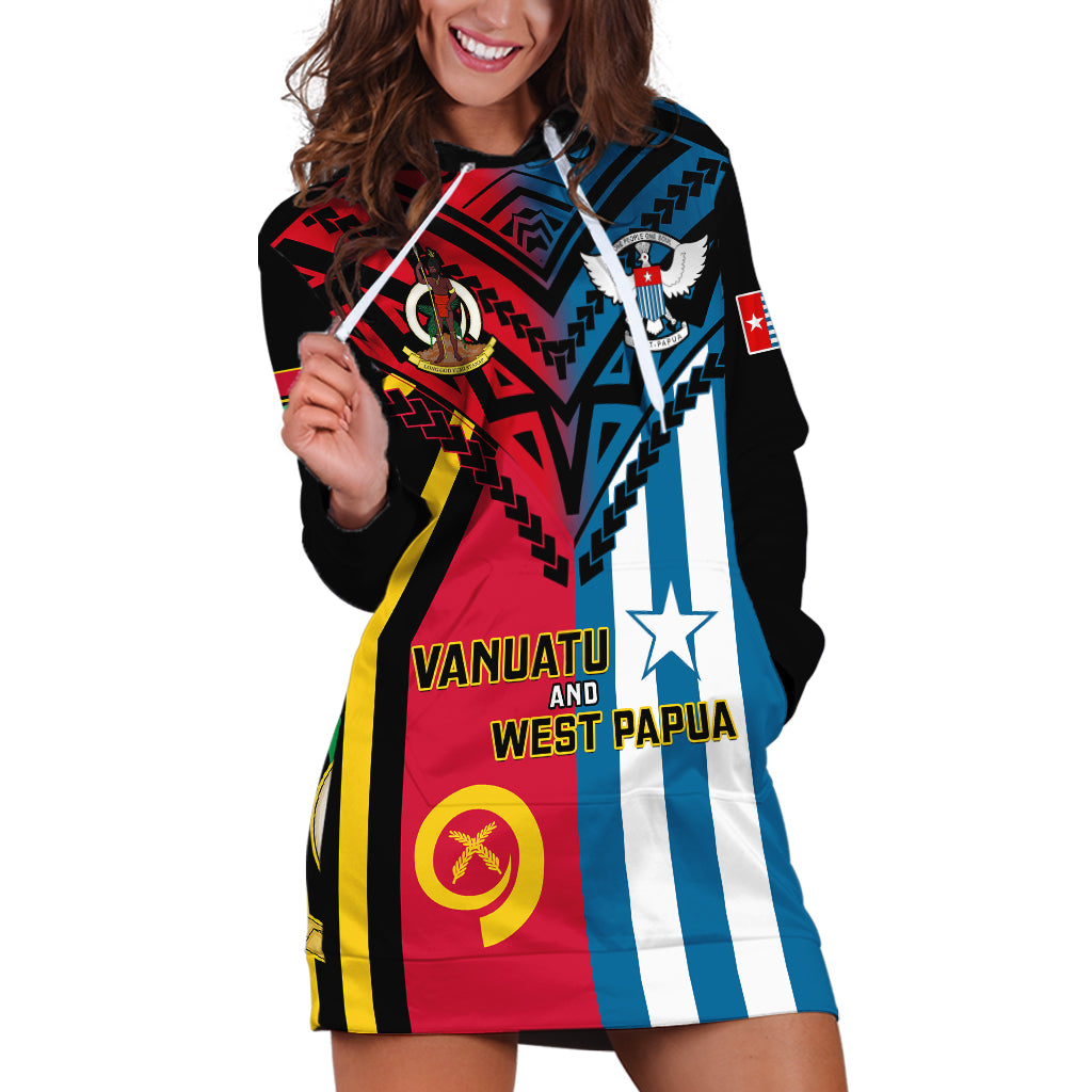 Vanuatu And West Papua Hoodie Dress Coat Of Arms Mix Flag Style LT14 Black - Polynesian Pride