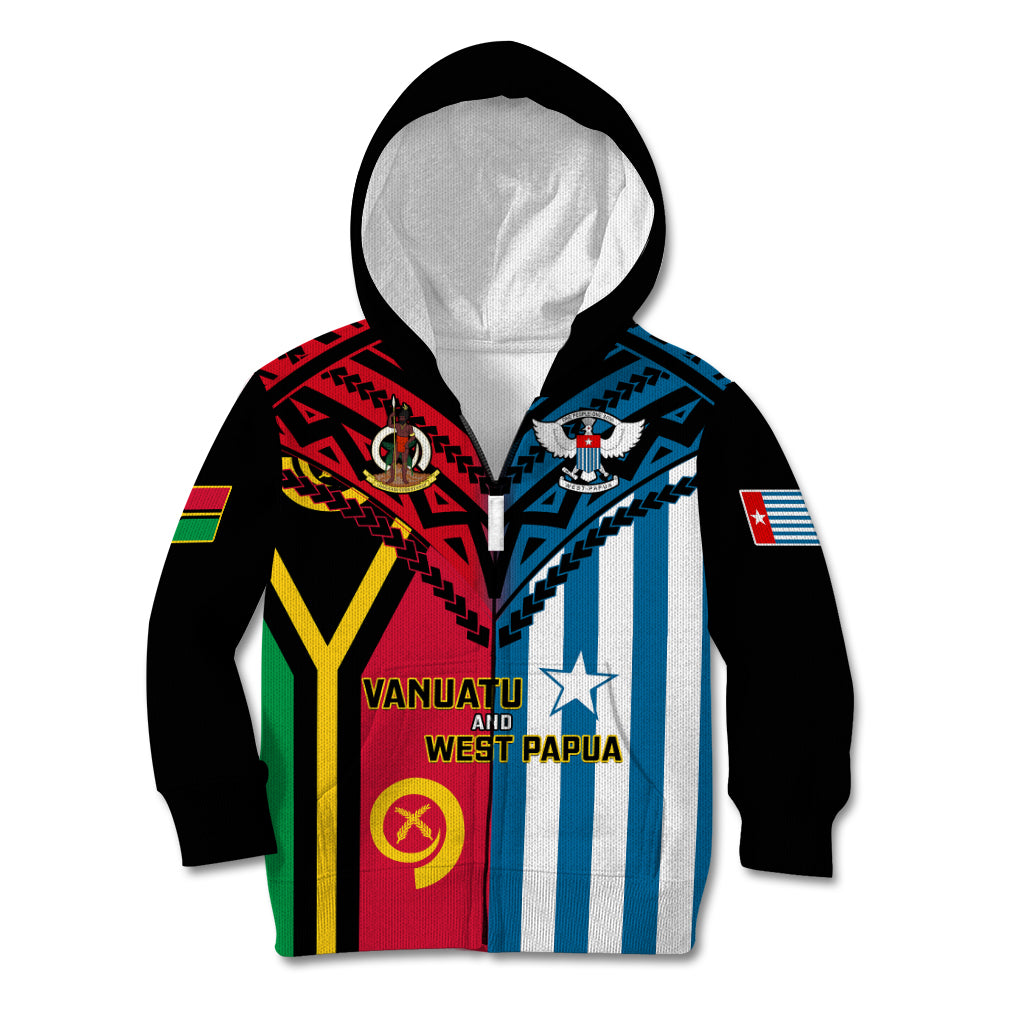 Vanuatu And West Papua Kid Hoodie Coat Of Arms Mix Flag Style LT14 Zip Hoodie Black - Polynesian Pride