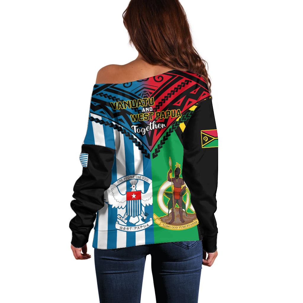Vanuatu And West Papua Off Shoulder Sweater Coat Of Arms Mix Flag Style LT14 - Polynesian Pride