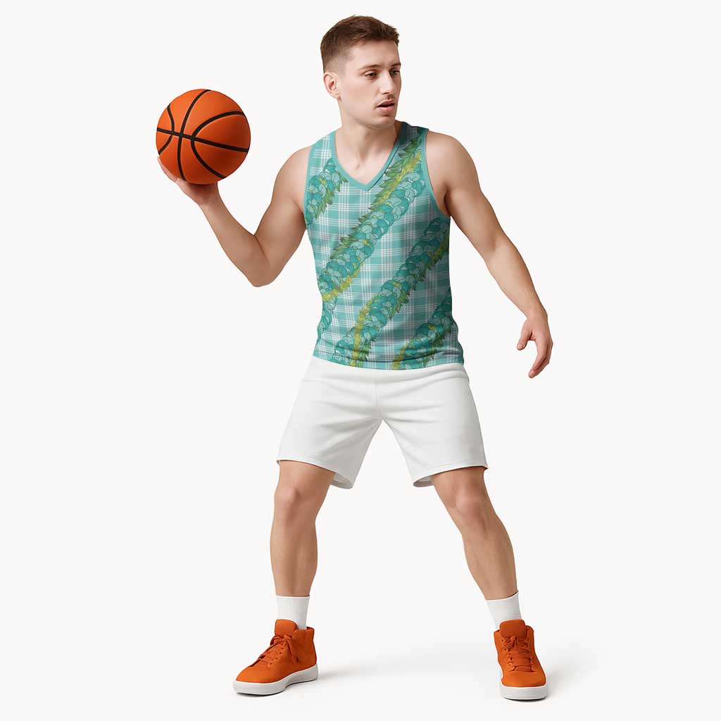 Hawaii Jade Vine Lei Basketball Jersey Aloha Palaka Motif - Turquoise - Polynesian Pride
