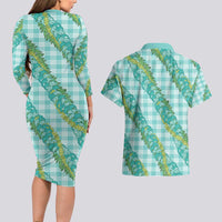 Hawaii Jade Vine Lei Couples Matching Long Sleeve Bodycon Dress and Hawaiian Shirt Aloha Palaka Motif - Turquoise - Polynesian Pride