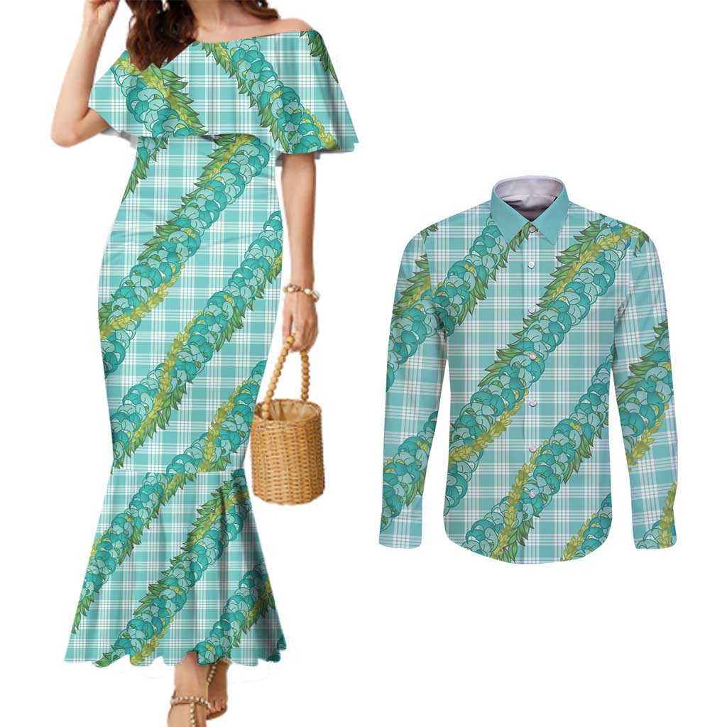 Hawaii Jade Vine Lei Couples Matching Mermaid Dress and Long Sleeve Button Shirt Aloha Palaka Motif - Turquoise - Polynesian Pride
