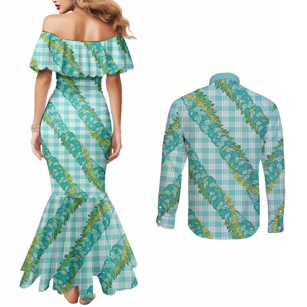 Hawaii Jade Vine Lei Couples Matching Mermaid Dress and Long Sleeve Button Shirt Aloha Palaka Motif - Turquoise - Polynesian Pride