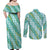 Hawaii Jade Vine Lei Couples Matching Off Shoulder Maxi Dress and Long Sleeve Button Shirt Aloha Palaka Motif - Turquoise - Polynesian Pride