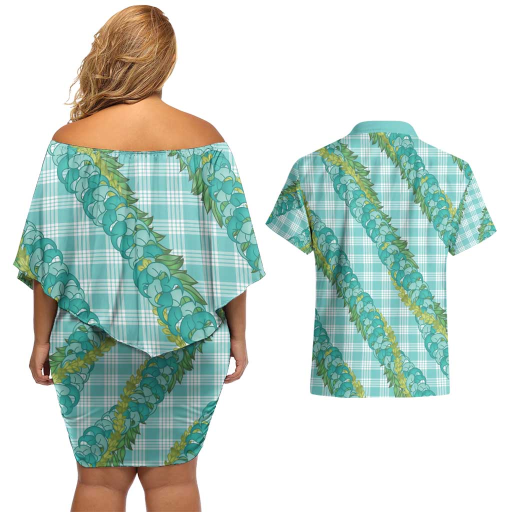 Hawaii Jade Vine Lei Couples Matching Off Shoulder Short Dress and Hawaiian Shirt Aloha Palaka Motif - Turquoise - Polynesian Pride