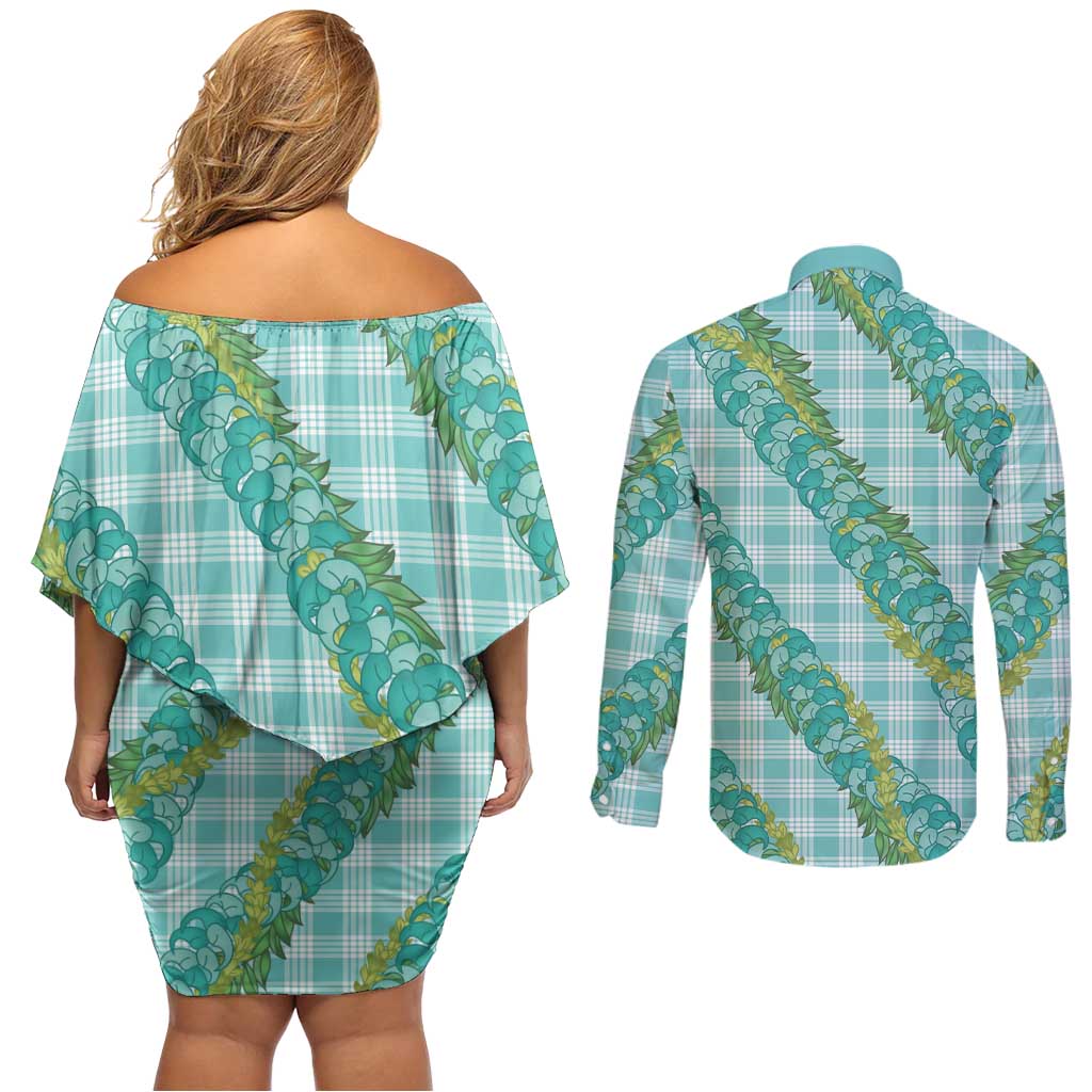 Hawaii Jade Vine Lei Couples Matching Off Shoulder Short Dress and Long Sleeve Button Shirt Aloha Palaka Motif - Turquoise - Polynesian Pride