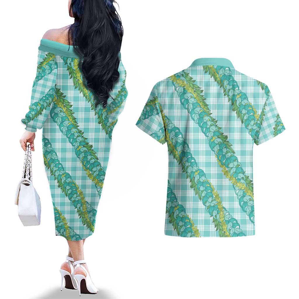 Hawaii Jade Vine Lei Couples Matching Off The Shoulder Long Sleeve Dress and Hawaiian Shirt Aloha Palaka Motif - Turquoise - Polynesian Pride