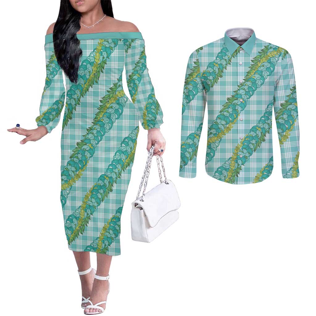 Hawaii Jade Vine Lei Couples Matching Off The Shoulder Long Sleeve Dress and Long Sleeve Button Shirt Aloha Palaka Motif - Turquoise - Polynesian Pride