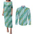 Hawaii Jade Vine Lei Couples Matching Puletasi and Long Sleeve Button Shirt Aloha Palaka Motif - Turquoise - Polynesian Pride