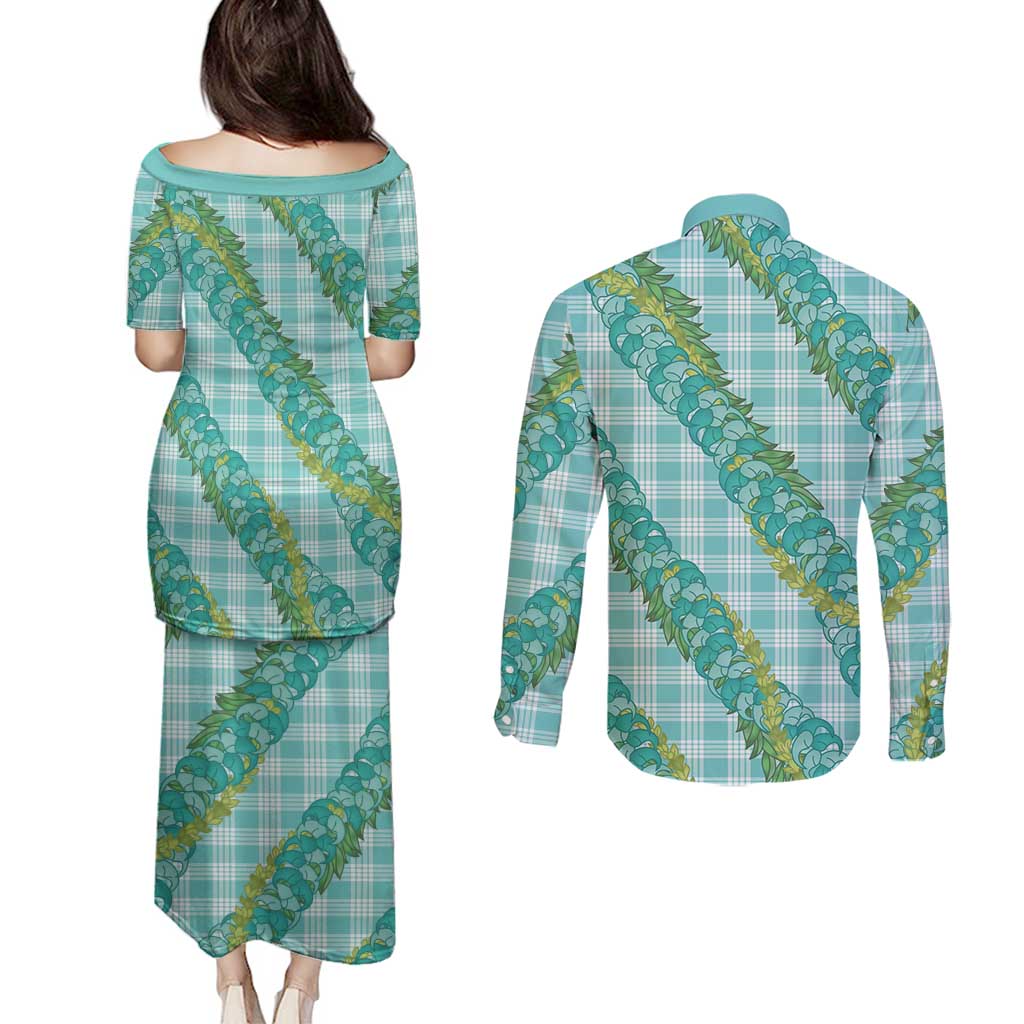 Hawaii Jade Vine Lei Couples Matching Puletasi and Long Sleeve Button Shirt Aloha Palaka Motif - Turquoise - Polynesian Pride