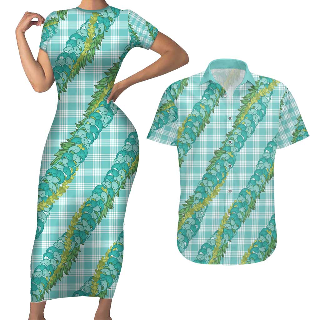 Hawaii Jade Vine Lei Couples Matching Short Sleeve Bodycon Dress and Hawaiian Shirt Aloha Palaka Motif - Turquoise - Polynesian Pride