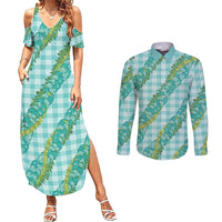 Hawaii Jade Vine Lei Couples Matching Summer Maxi Dress and Long Sleeve Button Shirt Aloha Palaka Motif - Turquoise - Polynesian Pride