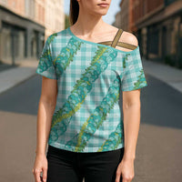 Hawaii Jade Vine Lei Cross Shoulder Shirt Aloha Palaka Motif - Turquoise - Polynesian Pride