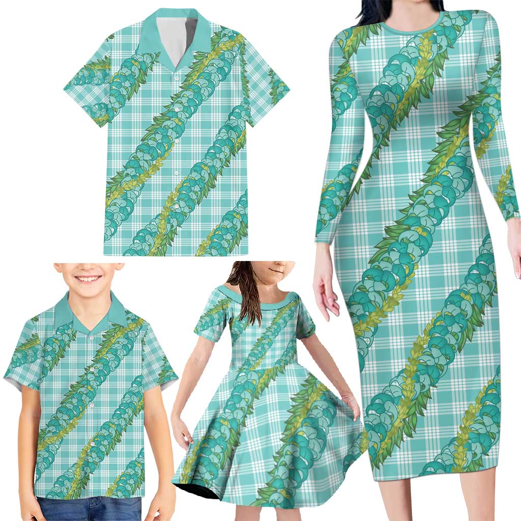 Hawaii Jade Vine Lei Family Matching Long Sleeve Bodycon Dress and Hawaiian Shirt Aloha Palaka Motif - Turquoise LT14 - Polynesian Pride