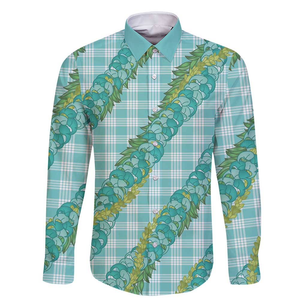 Hawaii Jade Vine Lei Family Matching Mermaid Dress and Hawaiian Shirt Aloha Palaka Motif - Turquoise LT14 Dad's Shirt - Long Sleeve Turquoise - Polynesian Pride