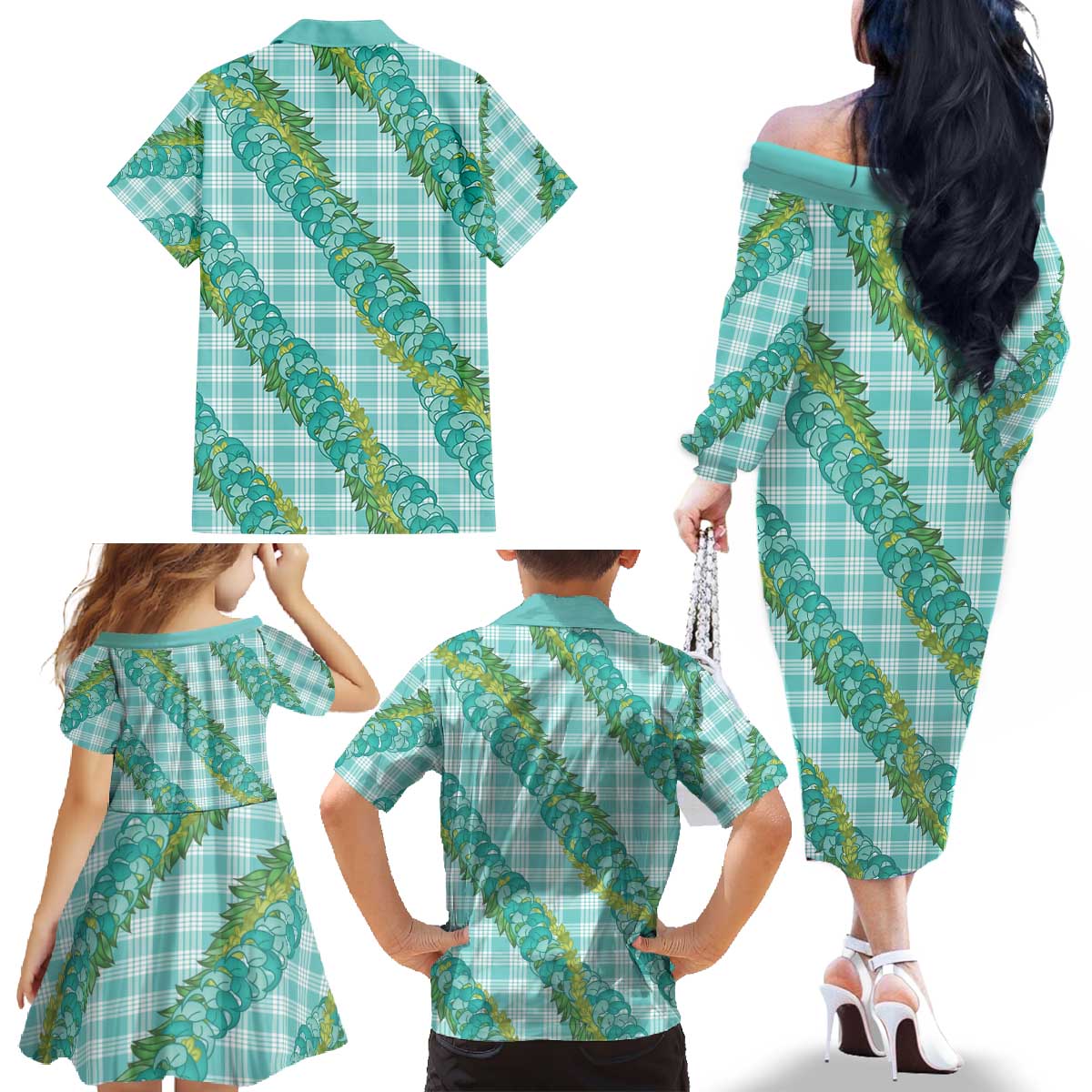 Hawaii Jade Vine Lei Family Matching Off The Shoulder Long Sleeve Dress and Hawaiian Shirt Aloha Palaka Motif - Turquoise - Polynesian Pride