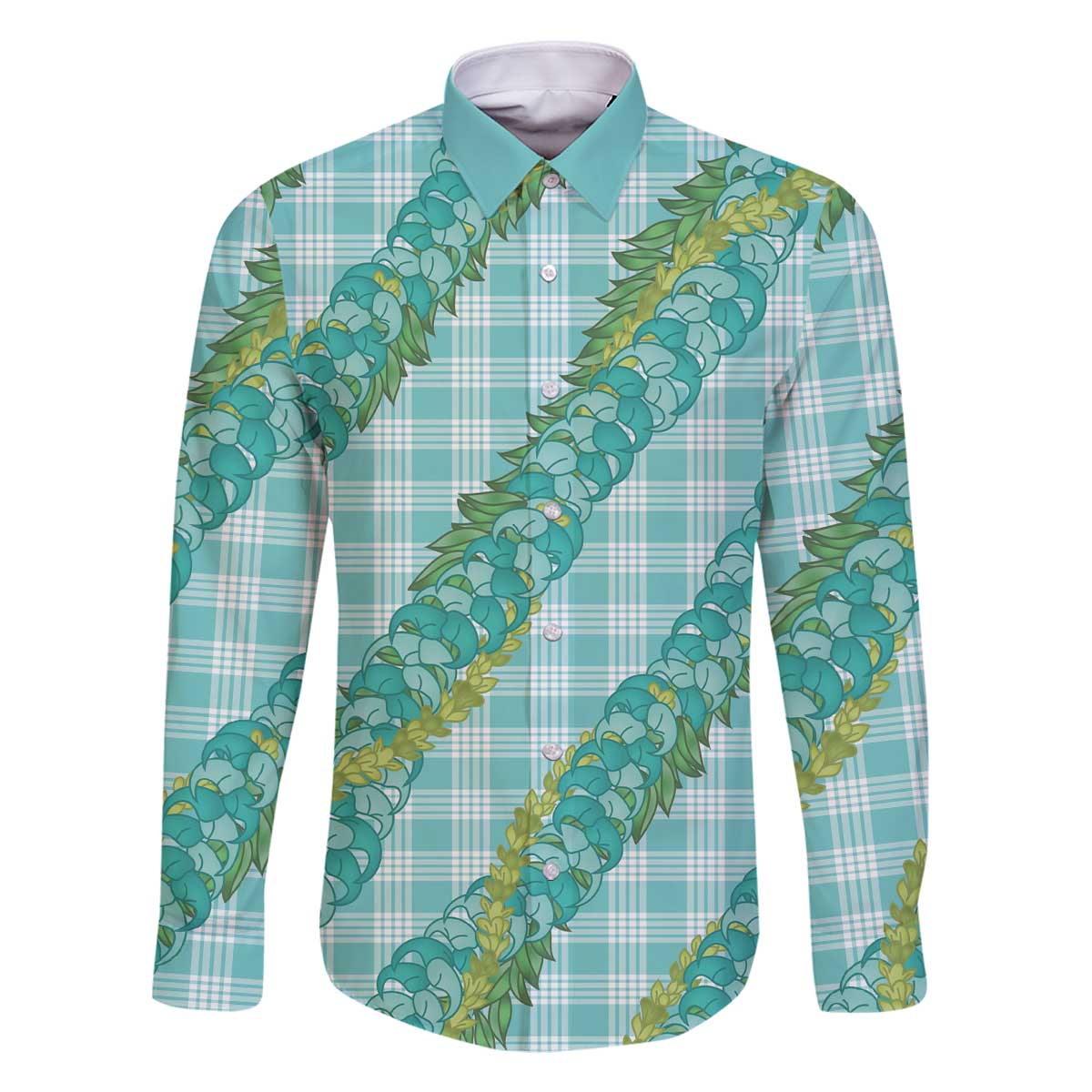 Hawaii Jade Vine Lei Family Matching Off The Shoulder Long Sleeve Dress and Hawaiian Shirt Aloha Palaka Motif - Turquoise - Polynesian Pride