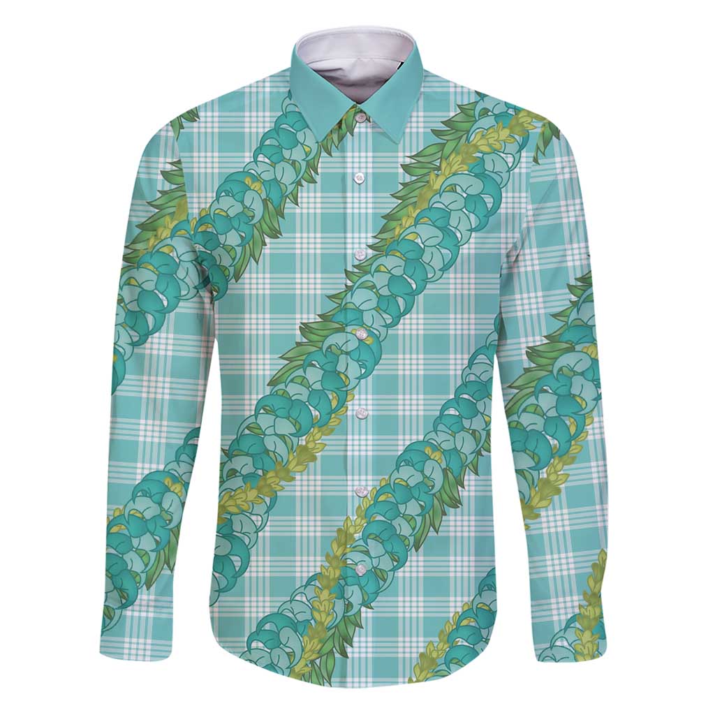 Hawaii Jade Vine Lei Family Matching Puletasi and Hawaiian Shirt Aloha Palaka Motif - Turquoise LT14 Dad's Shirt - Long Sleeve Turquoise - Polynesian Pride