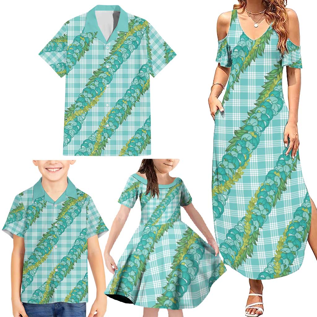 Hawaii Jade Vine Lei Family Matching Summer Maxi Dress and Hawaiian Shirt Aloha Palaka Motif - Turquoise - Polynesian Pride
