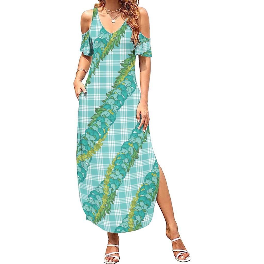Hawaii Jade Vine Lei Family Matching Summer Maxi Dress and Hawaiian Shirt Aloha Palaka Motif - Turquoise - Polynesian Pride