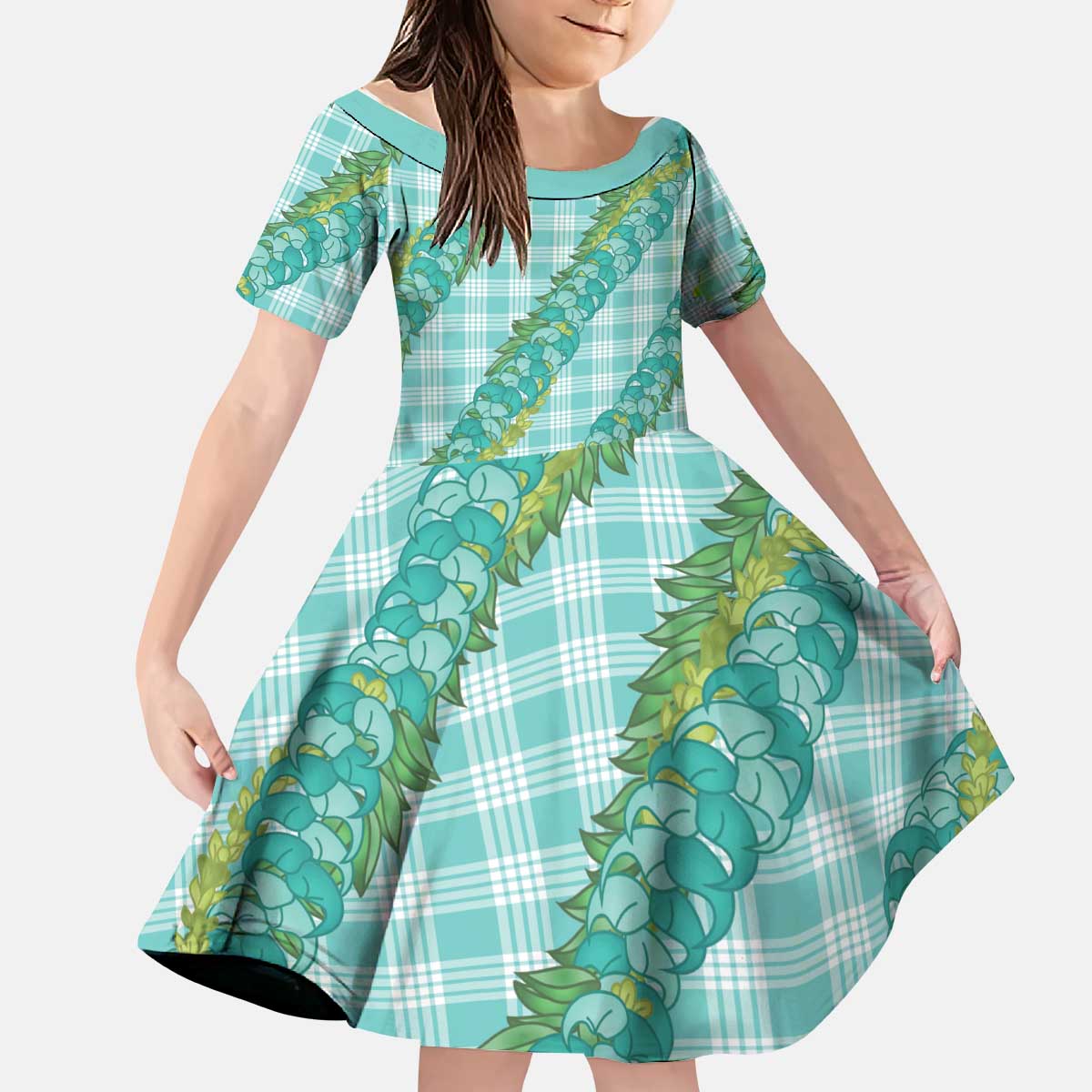Hawaii Jade Vine Lei Kid Short Sleeve Dress Aloha Palaka Motif - Turquoise - Polynesian Pride