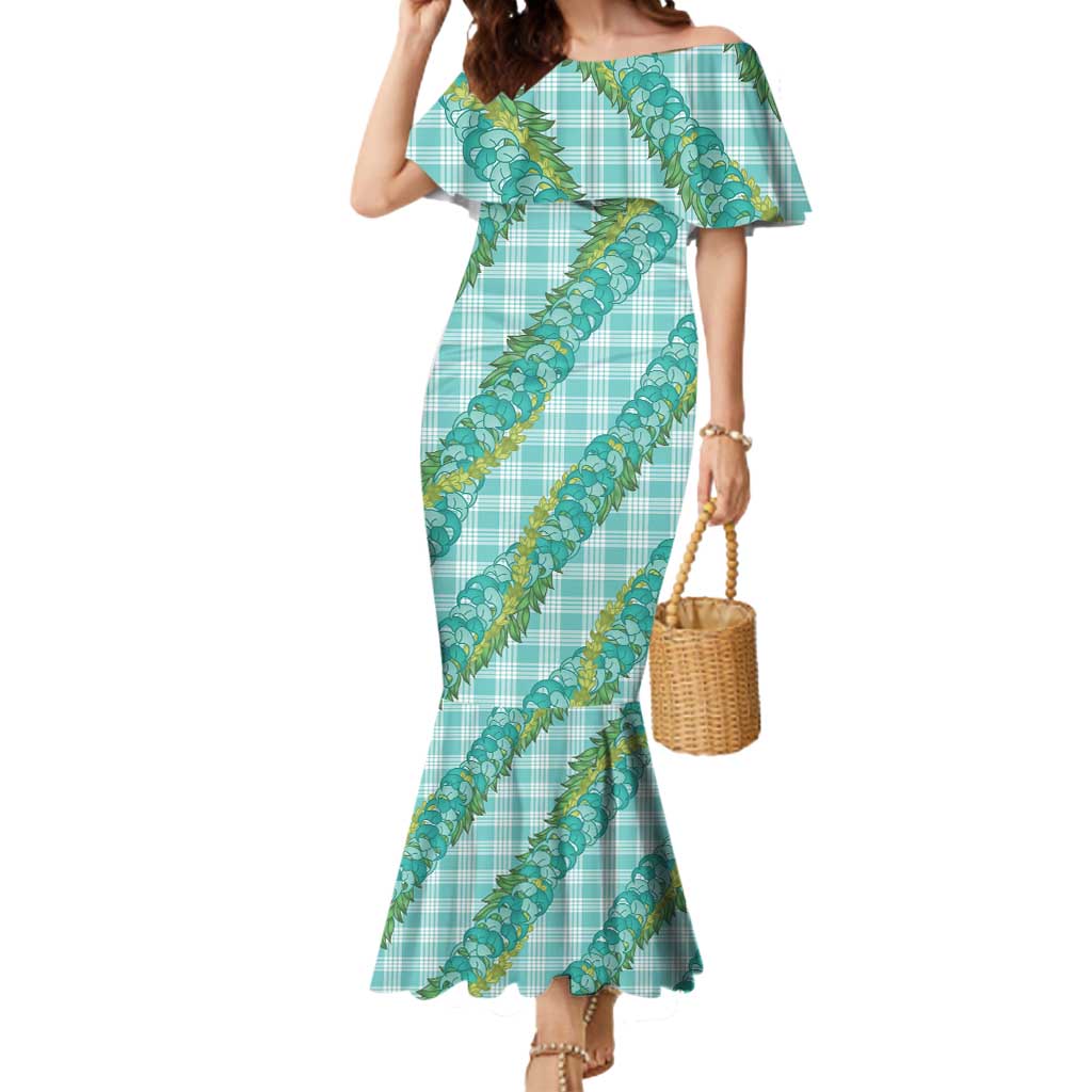 Hawaii Jade Vine Lei Mermaid Dress Aloha Palaka Motif - Turquoise - Polynesian Pride