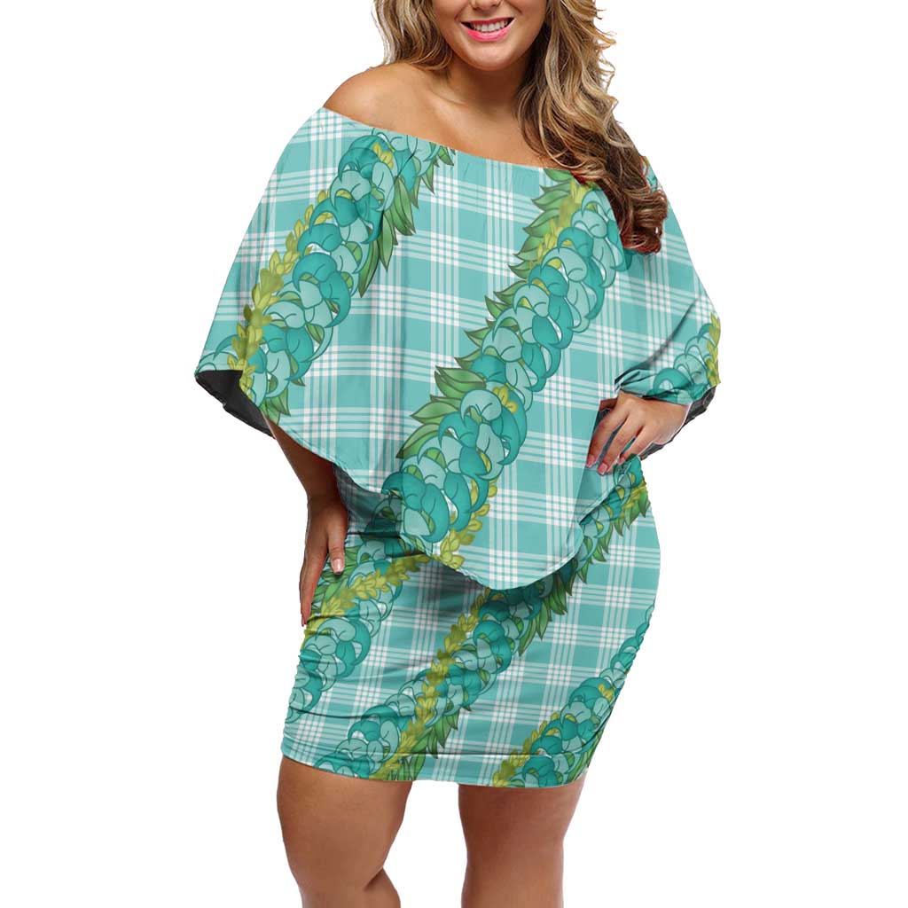 Hawaii Jade Vine Lei Off Shoulder Short Dress Aloha Palaka Motif - Turquoise - Polynesian Pride