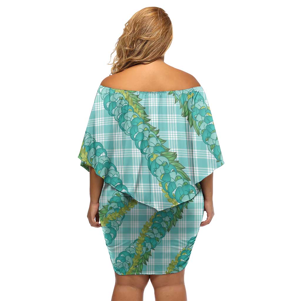 Hawaii Jade Vine Lei Off Shoulder Short Dress Aloha Palaka Motif - Turquoise - Polynesian Pride