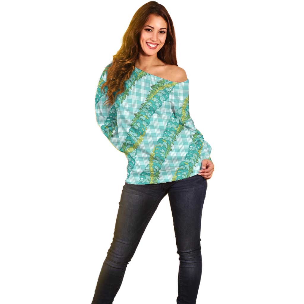 Hawaii Jade Vine Lei Off Shoulder Sweater Aloha Palaka Motif - Turquoise - Polynesian Pride