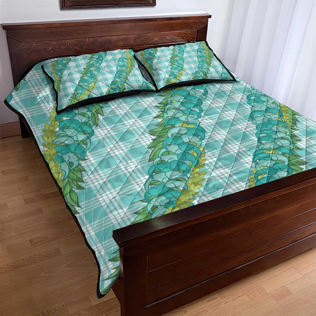Hawaii Jade Vine Lei Quilt Bed Set Aloha Palaka Motif - Turquoise - Polynesian Pride