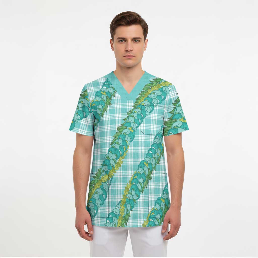 Hawaii Jade Vine Lei Scrub Top Aloha Palaka Motif - Turquoise - Polynesian Pride