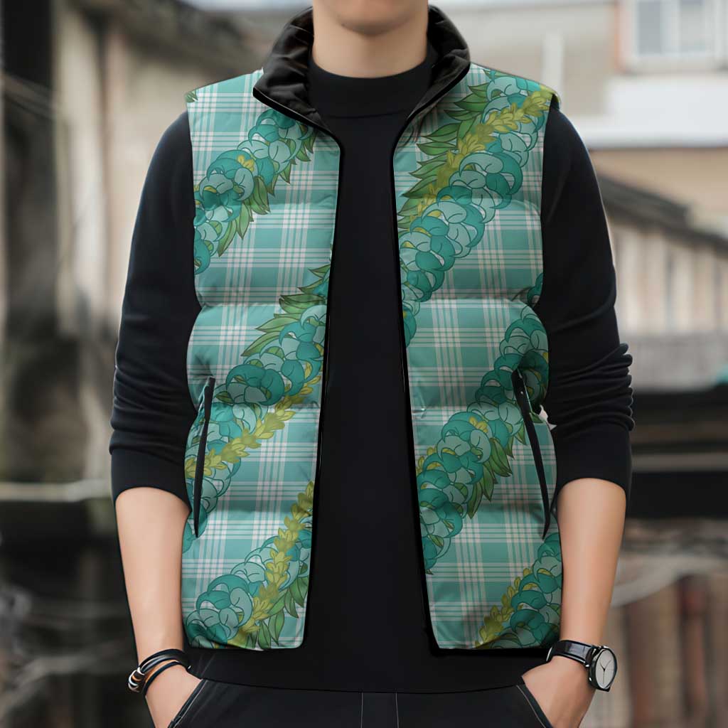 Hawaii Jade Vine Lei Sleeveless Puffer Jacket Aloha Palaka Motif - Turquoise - Polynesian Pride